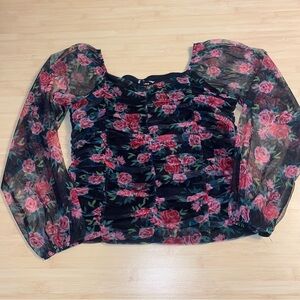 Girls Art Class Ruched Mesh Long Sleeve Top Floral Size Large Roses Black Pink